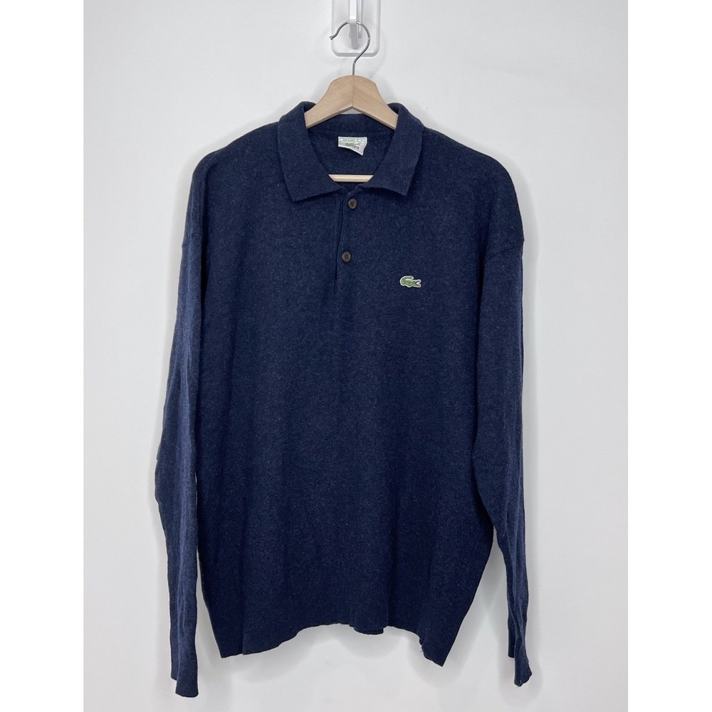 Vintage Lacoste Wool Sweater Mens XL Blue Henley Embroidered Logo Made in Spain